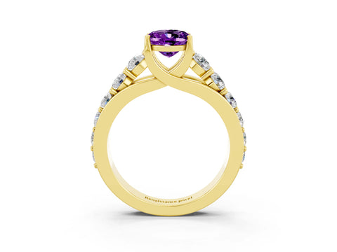 Yellow gold Oval Cut Amethyst Engagement Ring with Pavé Band and Four-Prong Setting_3