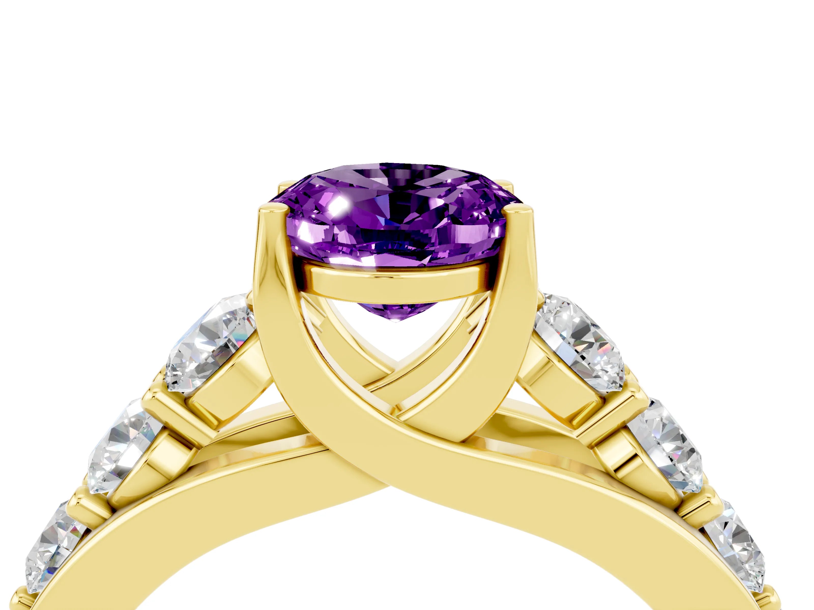 Yellow gold Oval Cut Amethyst Engagement Ring with Pavé Band and Four-Prong Setting_4