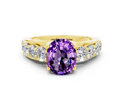 Yellow gold Oval Cut Amethyst Engagement Ring with Pavé Band and Four-Prong Setting