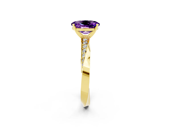 Yellow gold Oval Cut Amethyst Engagement Ring with Side Stone Accents and Four-Prong Setting