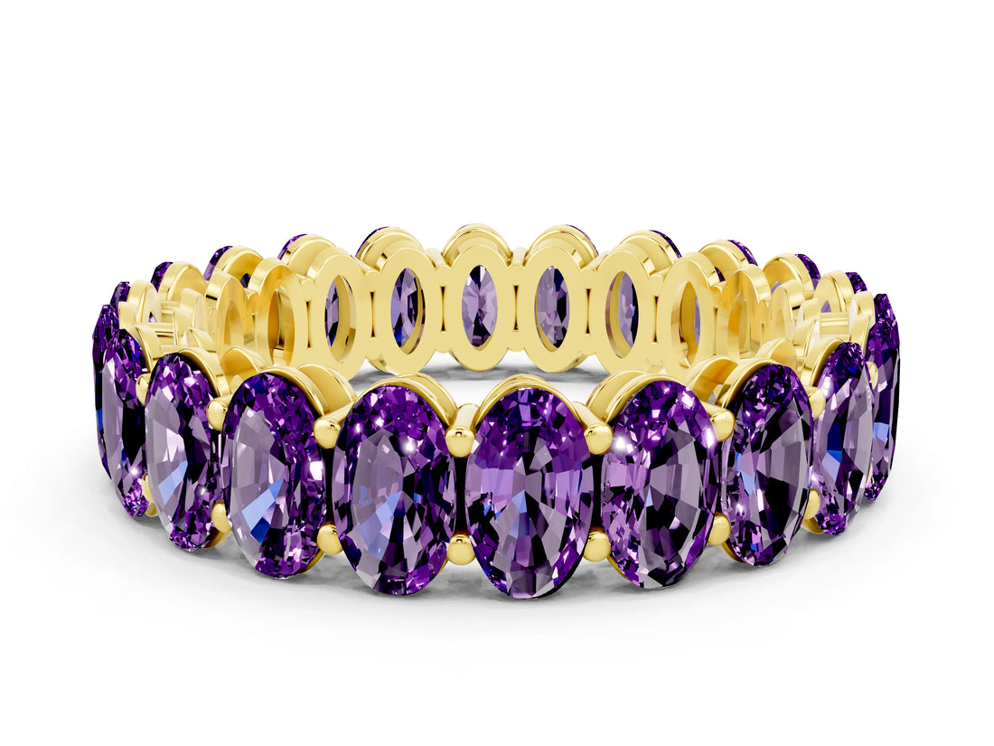 Yellow gold Oval Cut Amethyst Eternity Band with Shared Prong Setting