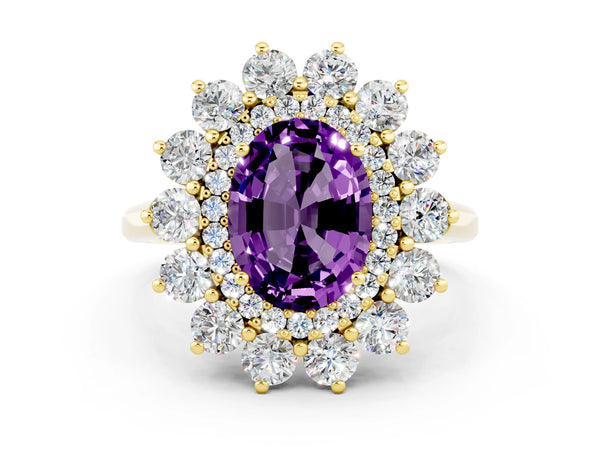 Yellow gold Oval Cut Amethyst Floral Double Halo Engagement Ring with Prong Setting
