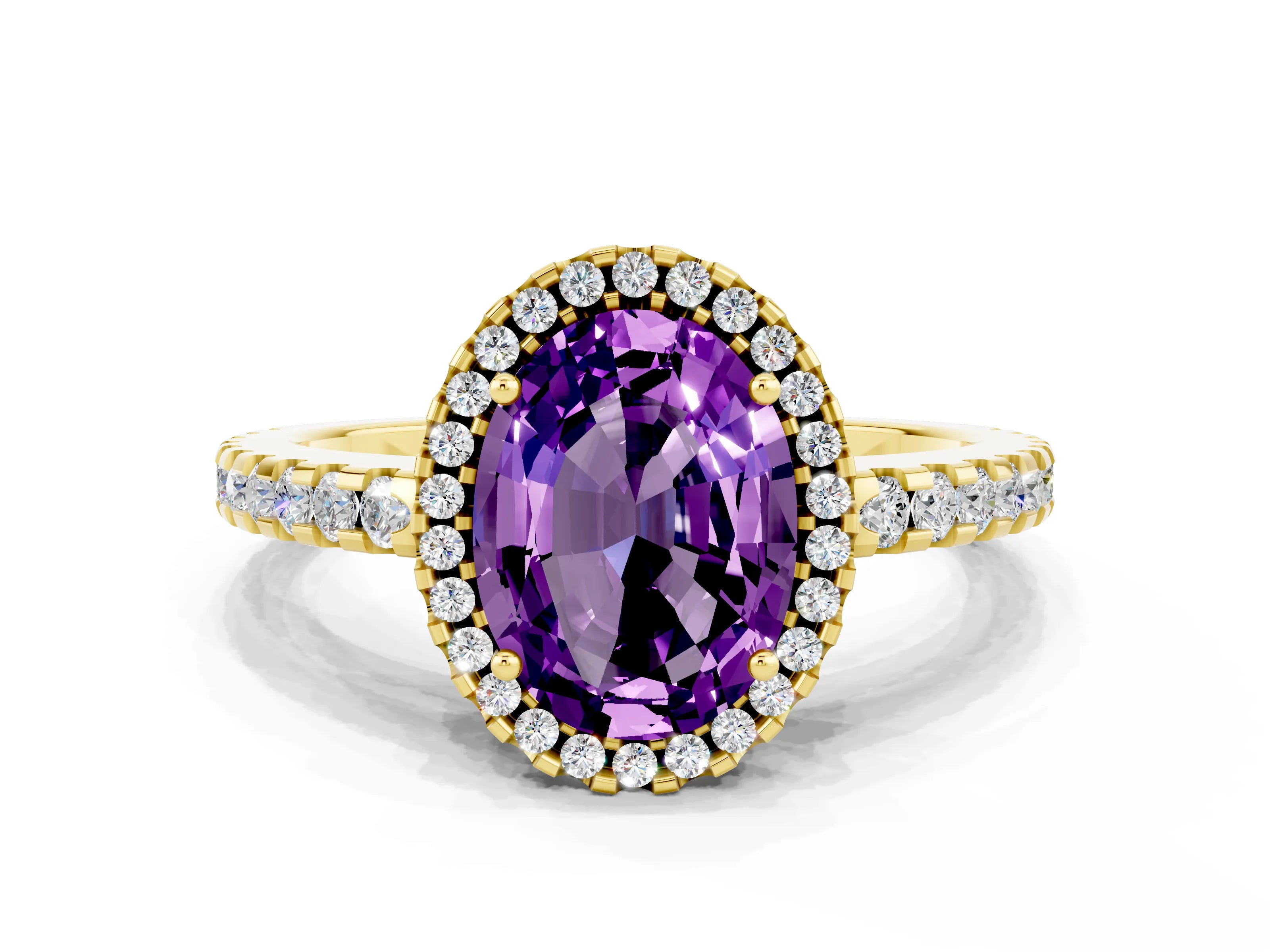 Yellow gold Oval Cut Amethyst Halo Engagement Ring with Pavé Band and Prong Setting_12