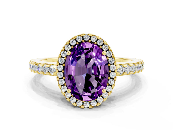 Yellow gold Oval Cut Amethyst Halo Engagement Ring with Pavé Band and Prong Setting