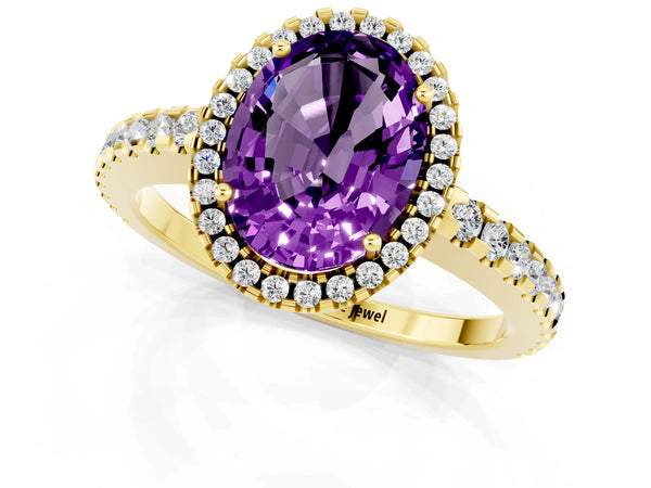 Yellow gold Oval Cut Amethyst Halo Engagement Ring with Pavé Band and Prong Setting