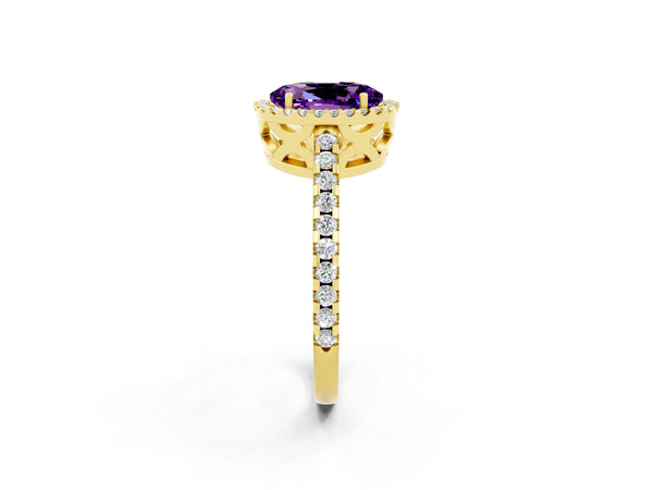 Yellow gold Oval Cut Amethyst Halo Engagement Ring with Pavé Band and Prong Setting