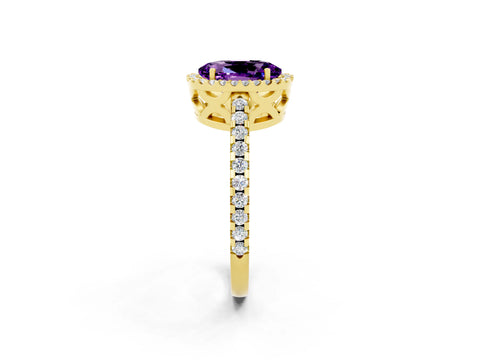 Yellow gold Oval Cut Amethyst Halo Engagement Ring with Pavé Band and Prong Setting_14
