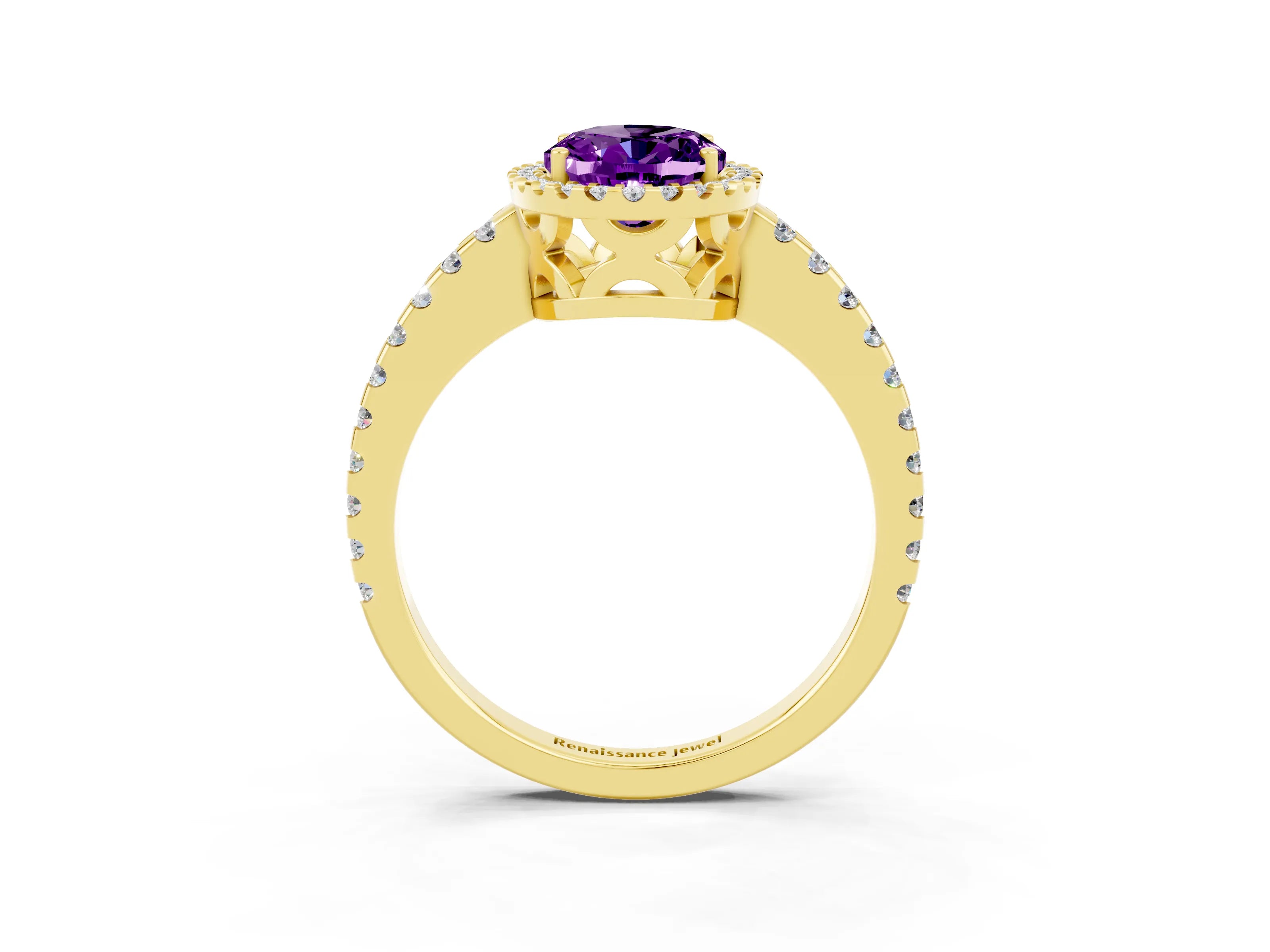 Yellow gold Oval Cut Amethyst Halo Engagement Ring with Pavé Band and Prong Setting_15