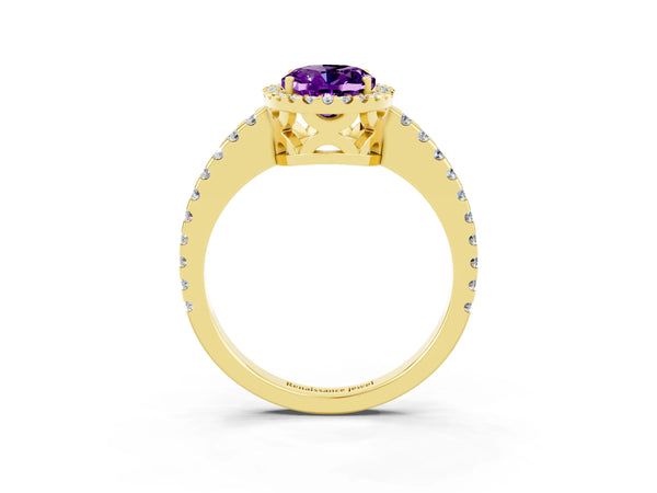 Yellow gold Oval Cut Amethyst Halo Engagement Ring with Pavé Band and Prong Setting