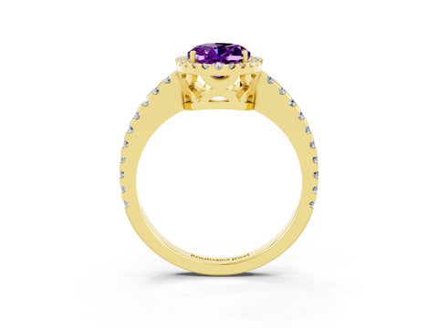 Yellow gold Oval Cut Amethyst Halo Engagement Ring with Pavé Band and Prong Setting_15