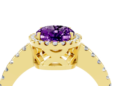 Yellow gold Oval Cut Amethyst Halo Engagement Ring with Pavé Band and Prong Setting_16