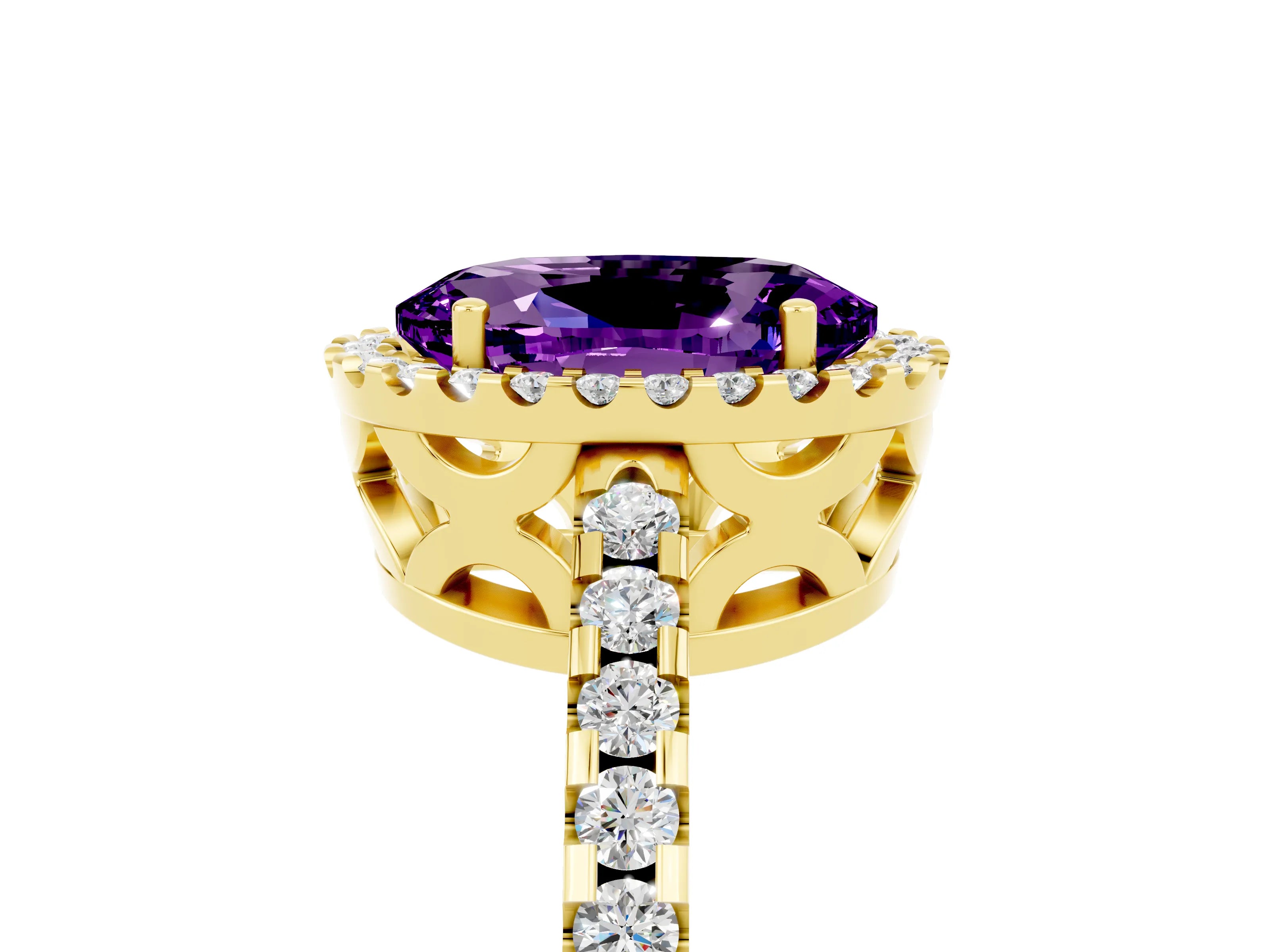 Yellow gold Oval Cut Amethyst Halo Engagement Ring with Pavé Band and Prong Setting_17