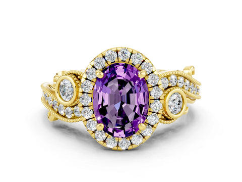 Yellow gold Oval Cut Amethyst Halo Ring with Milgrain Pavé Band and Four-Prong Setting_24