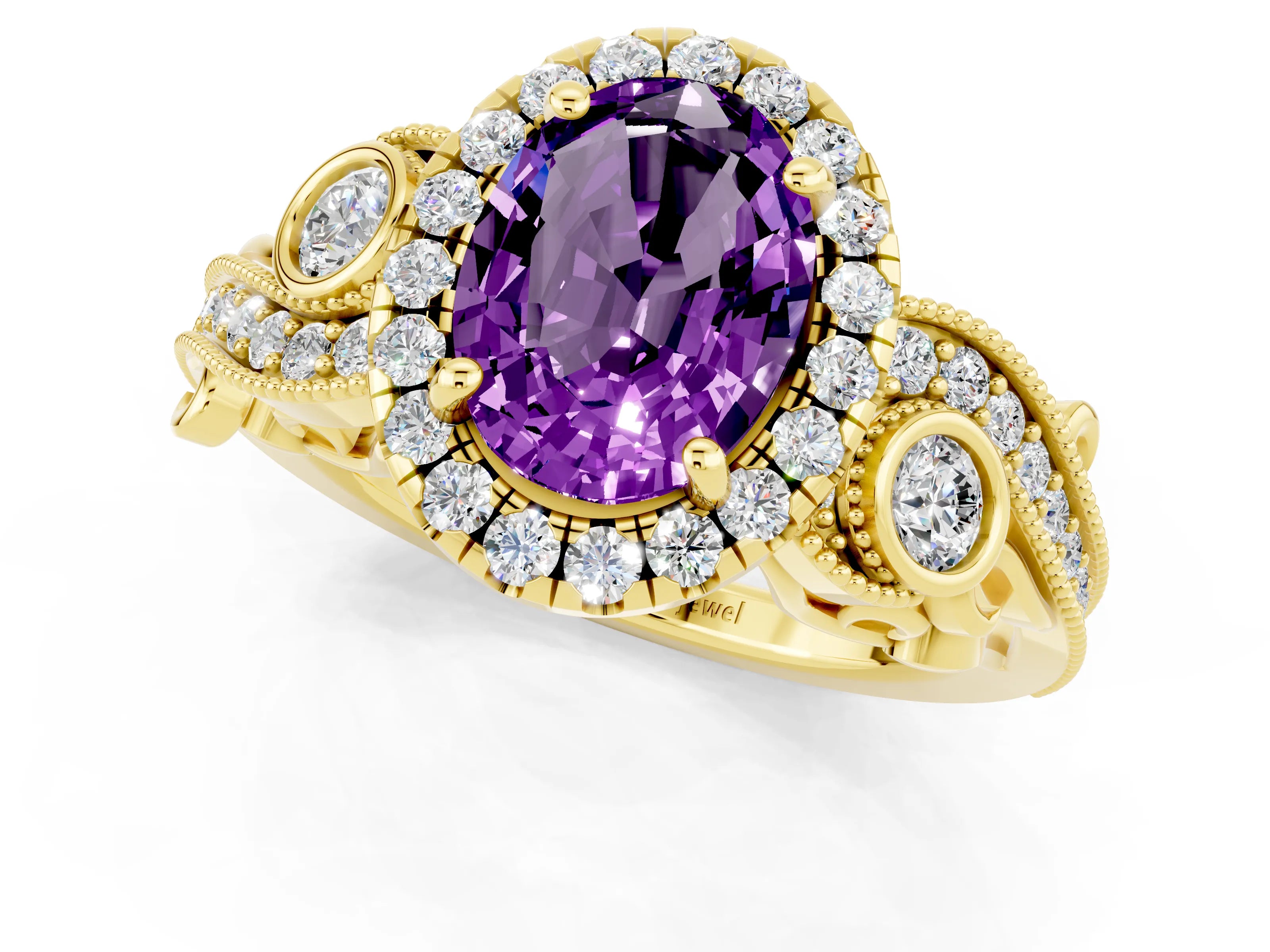 Yellow gold Oval Cut Amethyst Halo Ring with Milgrain Pavé Band and Four-Prong Setting_25
