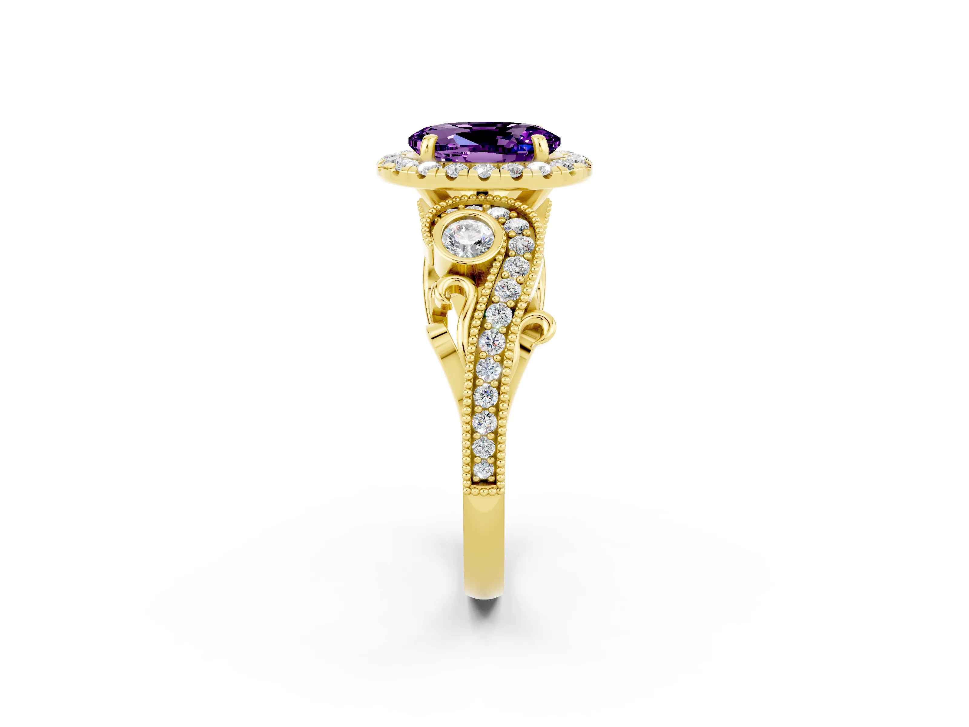 Yellow gold Oval Cut Amethyst Halo Ring with Milgrain Pavé Band and Four-Prong Setting_26