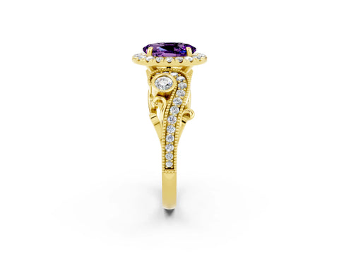 Yellow gold Oval Cut Amethyst Halo Ring with Milgrain Pavé Band and Four-Prong Setting_26