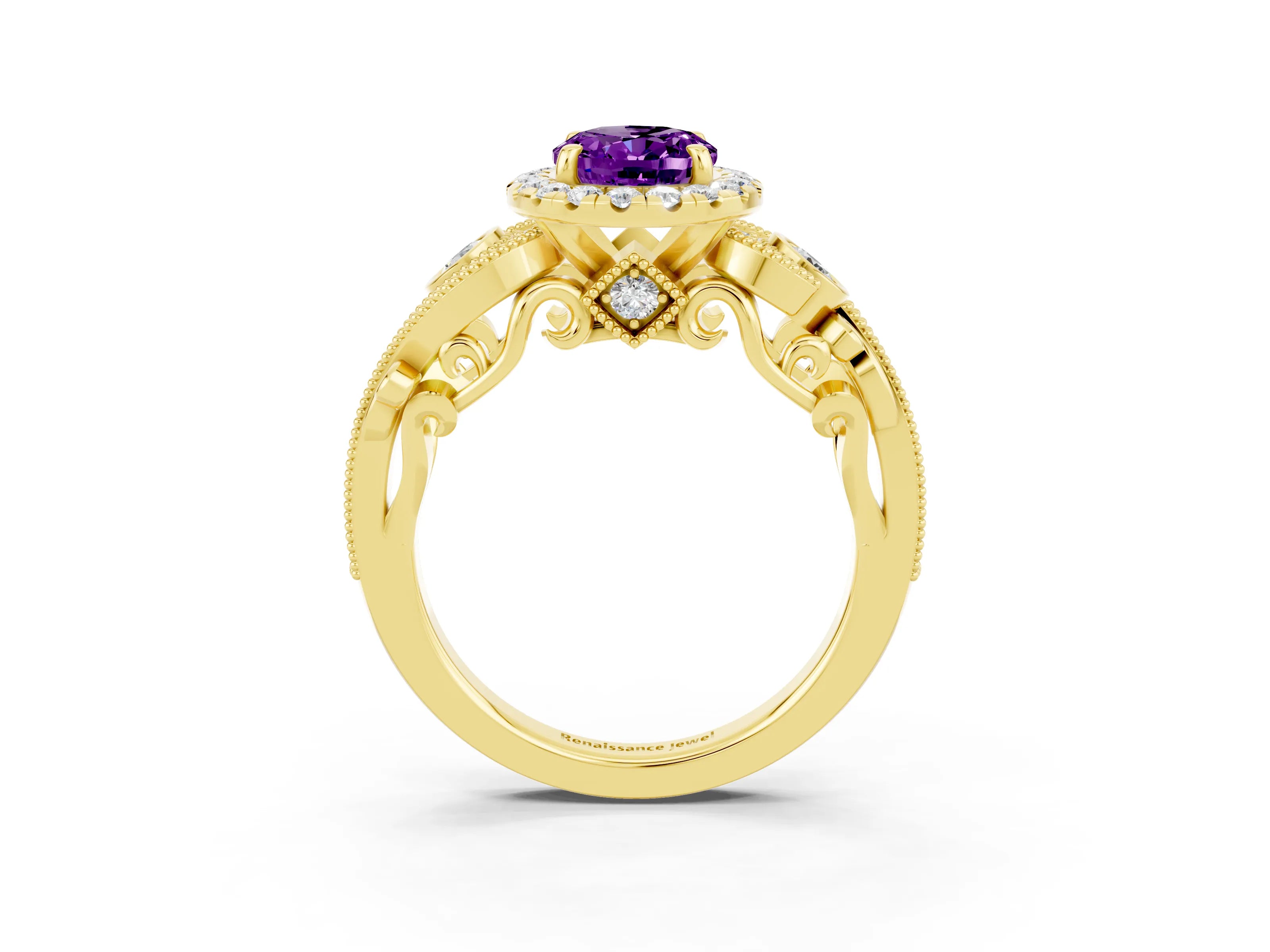 Yellow gold Oval Cut Amethyst Halo Ring with Milgrain Pavé Band and Four-Prong Setting_27