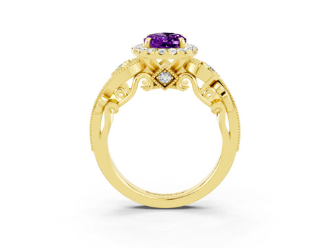 Yellow gold Oval Cut Amethyst Halo Ring with Milgrain Pavé Band and Four-Prong Setting_27