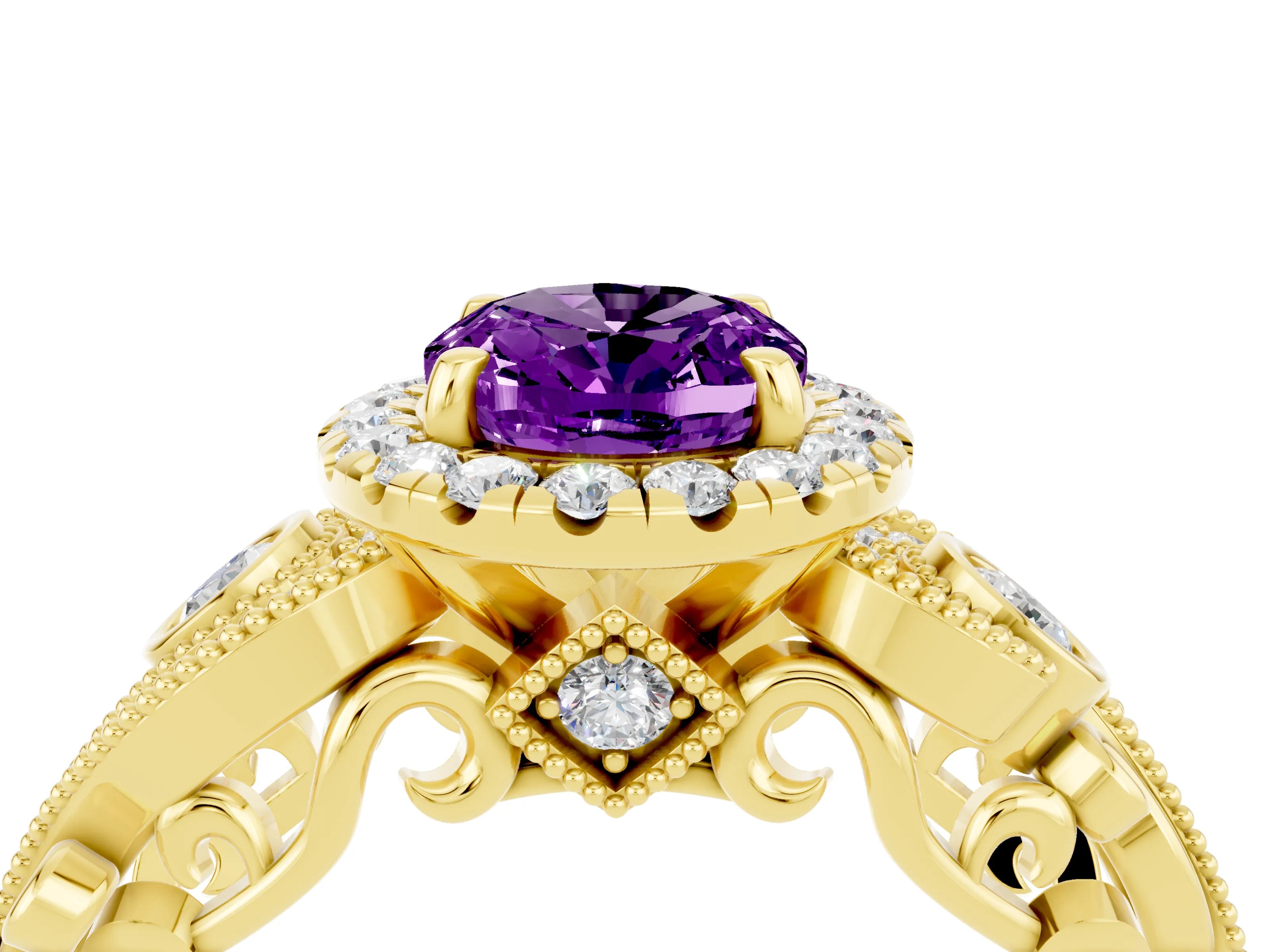 Yellow gold Oval Cut Amethyst Halo Ring with Milgrain Pavé Band and Four-Prong Setting_28