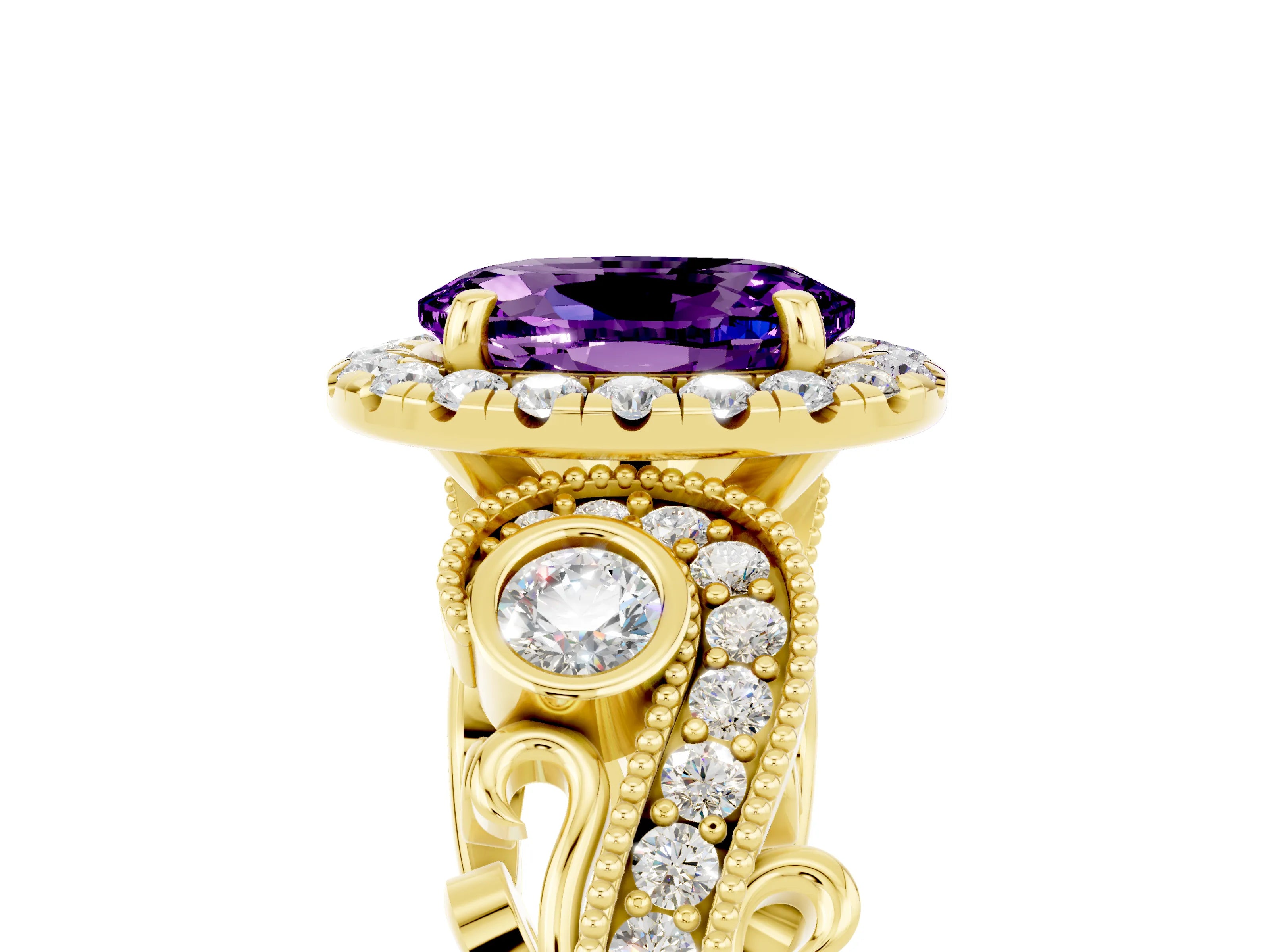 Yellow gold Oval Cut Amethyst Halo Ring with Milgrain Pavé Band and Four-Prong Setting_29