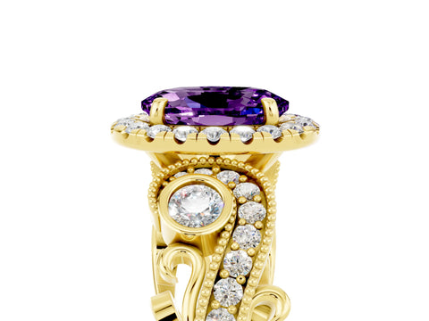 Yellow gold Oval Cut Amethyst Halo Ring with Milgrain Pavé Band and Four-Prong Setting_29