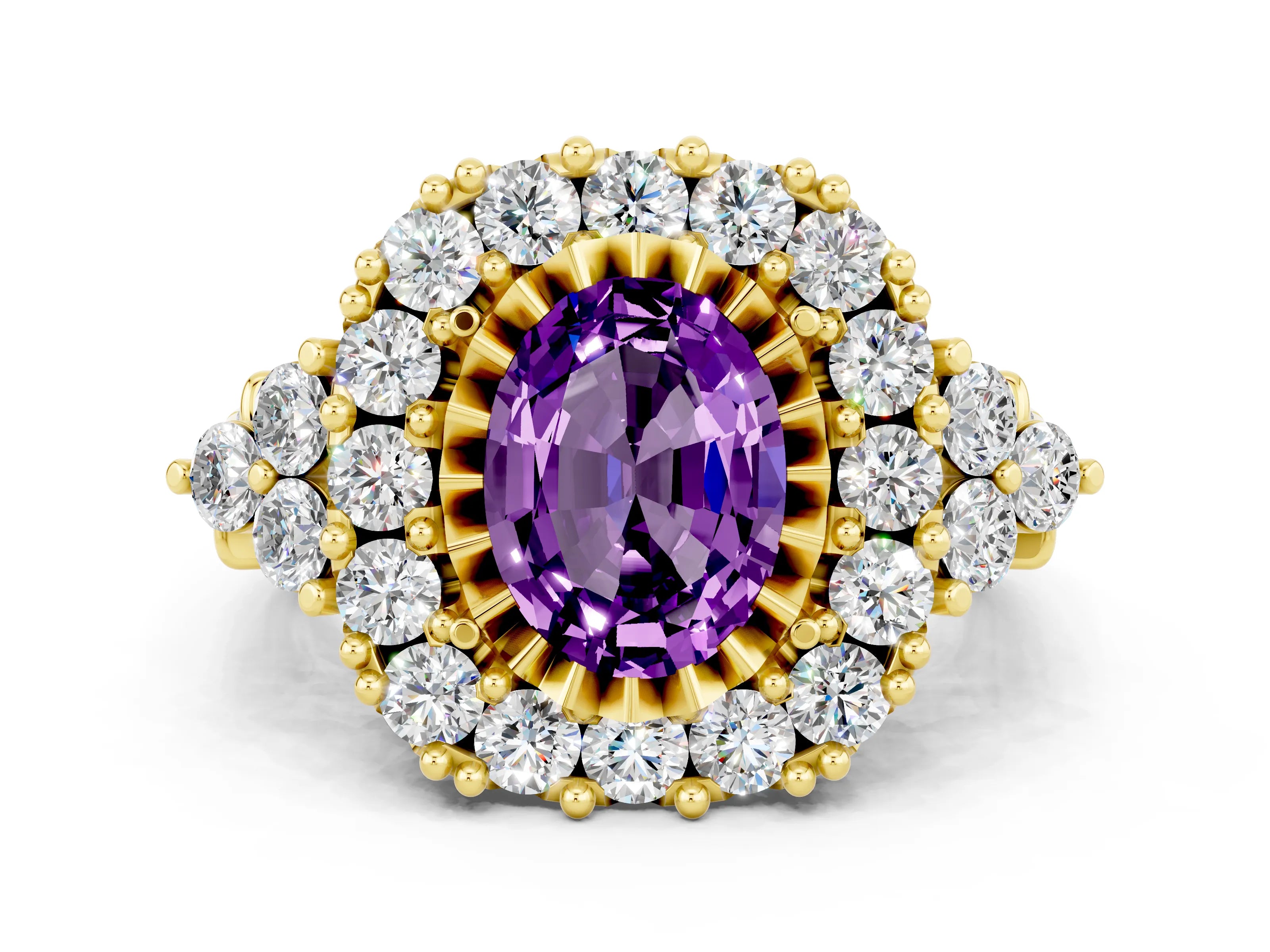 Yellow gold Oval Cut Amethyst Halo Ring with Pavé Band and Four-Prong Setting_31
