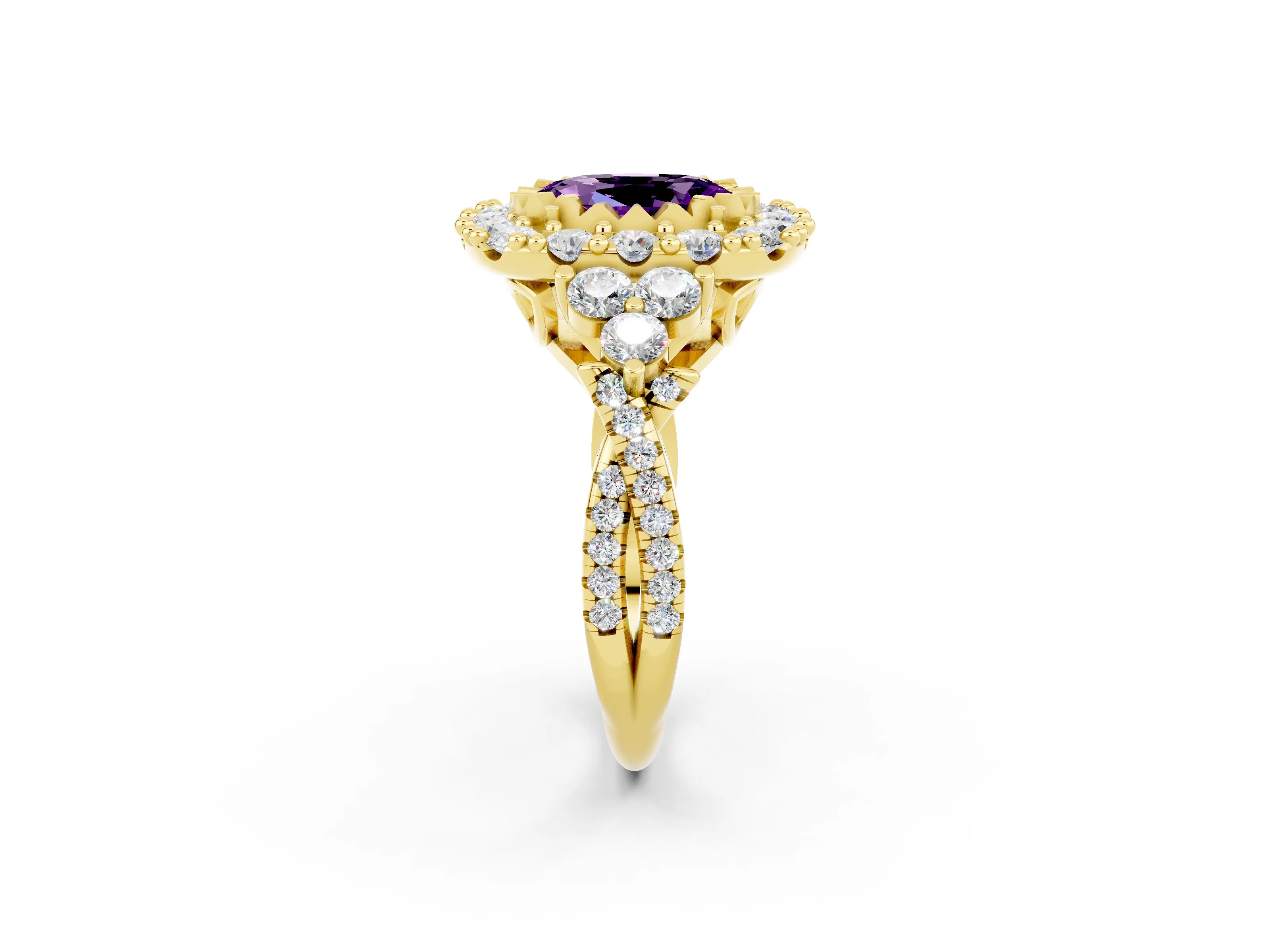 Yellow gold Oval Cut Amethyst Halo Ring with Pavé Band and Four-Prong Setting_33