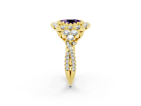 Yellow gold Oval Cut Amethyst Halo Ring with Pavé Band and Four-Prong Setting_33