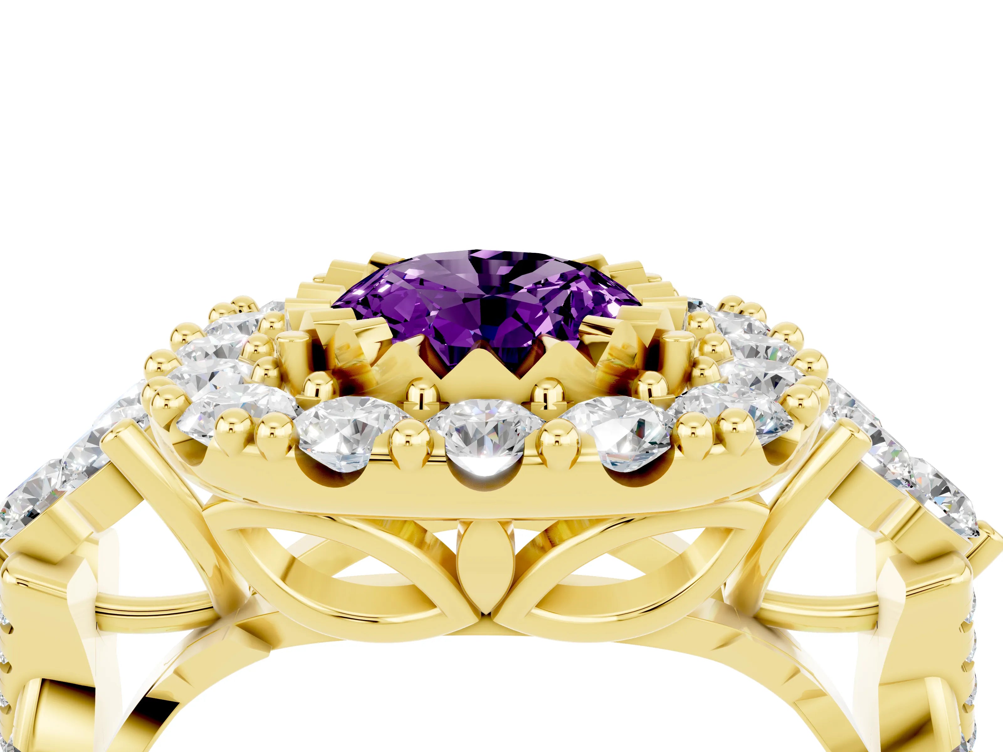 Yellow gold Oval Cut Amethyst Halo Ring with Pavé Band and Four-Prong Setting_35