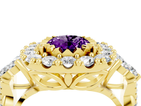 Yellow gold Oval Cut Amethyst Halo Ring with Pavé Band and Four-Prong Setting_35