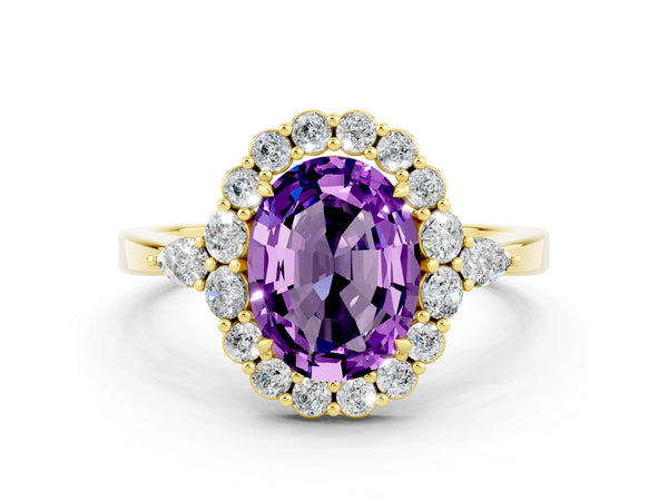Yellow gold Oval Cut Amethyst Halo Ring with Pear Side Stones and Prong Setting