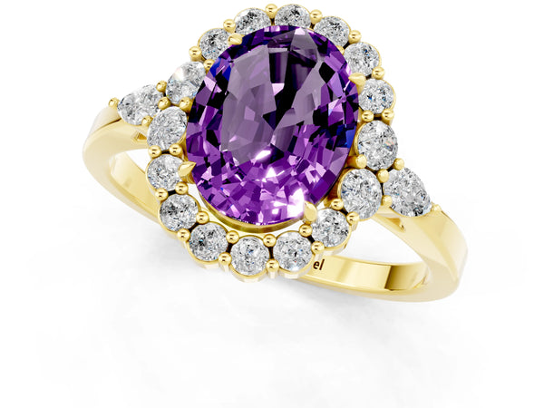 Yellow gold Oval Cut Amethyst Halo Ring with Pear Side Stones and Prong Setting