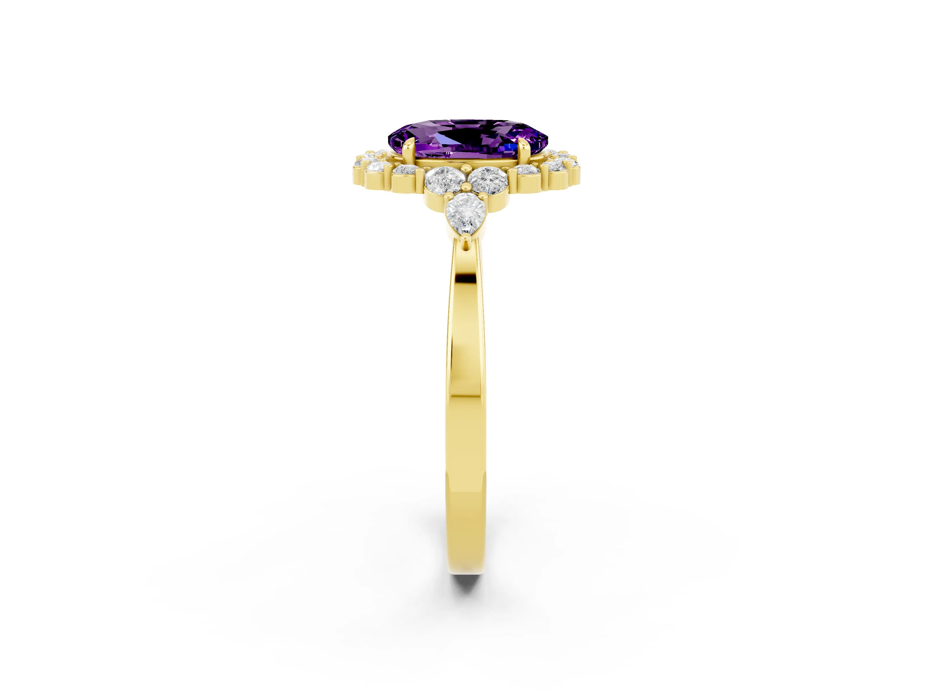 Yellow gold Oval Cut Amethyst Halo Ring with Pear Side Stones and Prong Setting_14