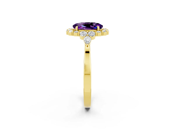 Yellow gold Oval Cut Amethyst Halo Ring with Pear Side Stones and Prong Setting