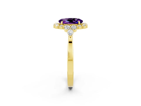 Yellow gold Oval Cut Amethyst Halo Ring with Pear Side Stones and Prong Setting_14