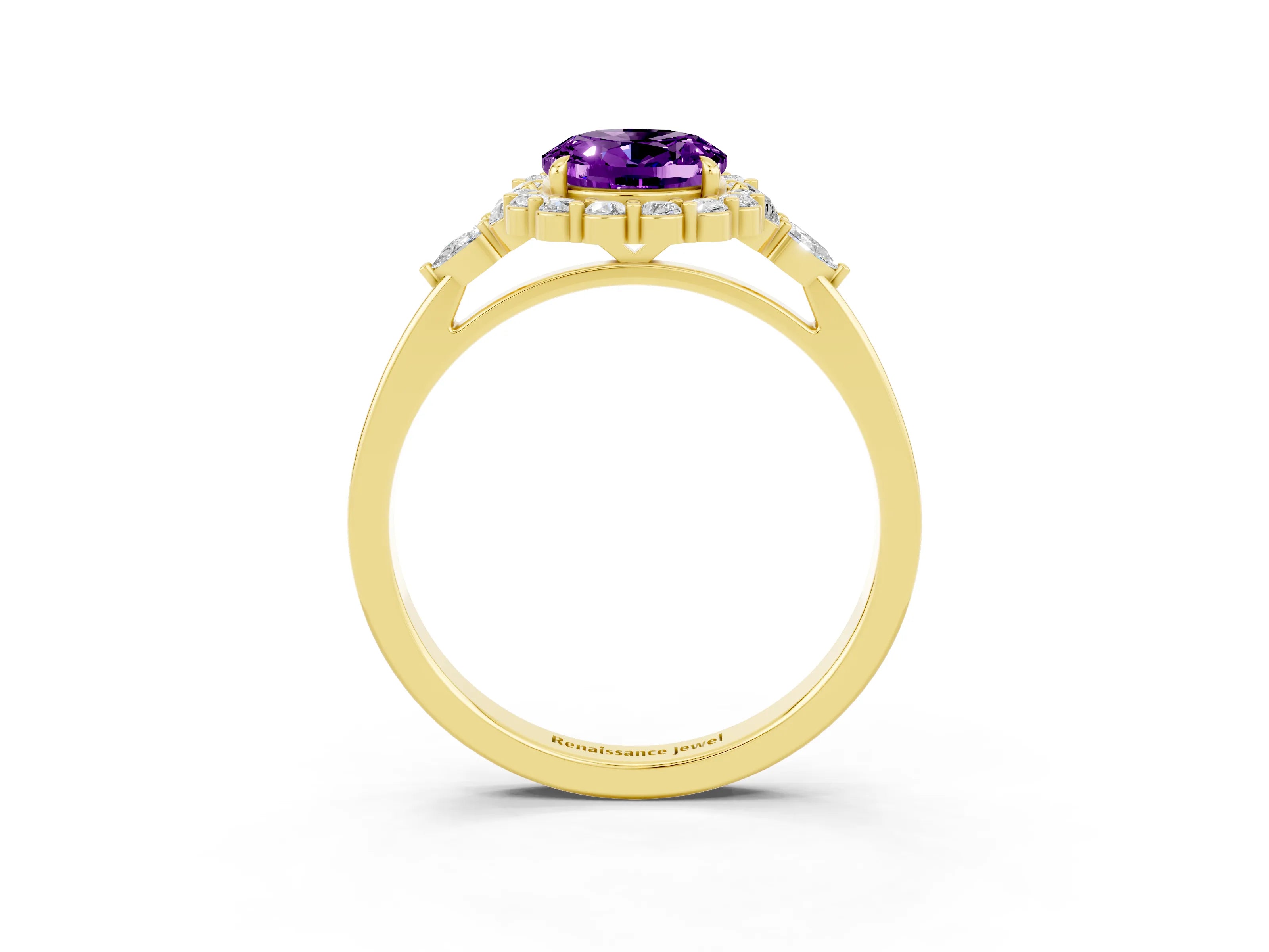 Yellow gold Oval Cut Amethyst Halo Ring with Pear Side Stones and Prong Setting_15