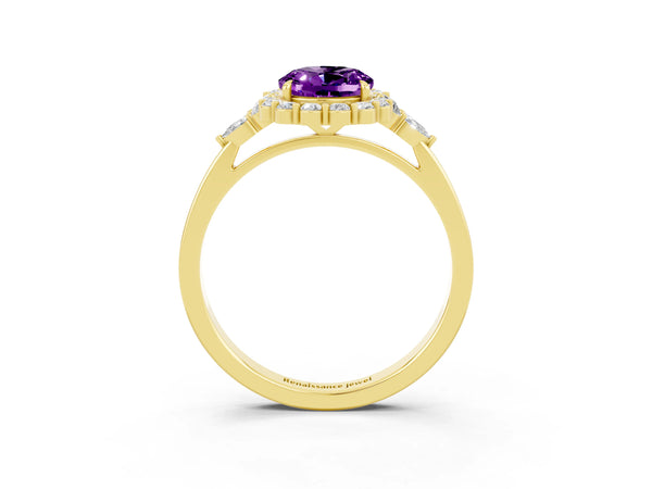 Yellow gold Oval Cut Amethyst Halo Ring with Pear Side Stones and Prong Setting