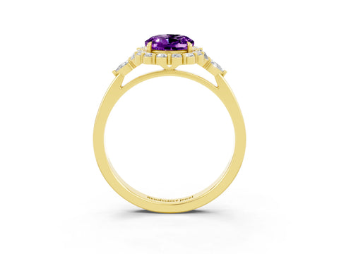Yellow gold Oval Cut Amethyst Halo Ring with Pear Side Stones and Prong Setting_15