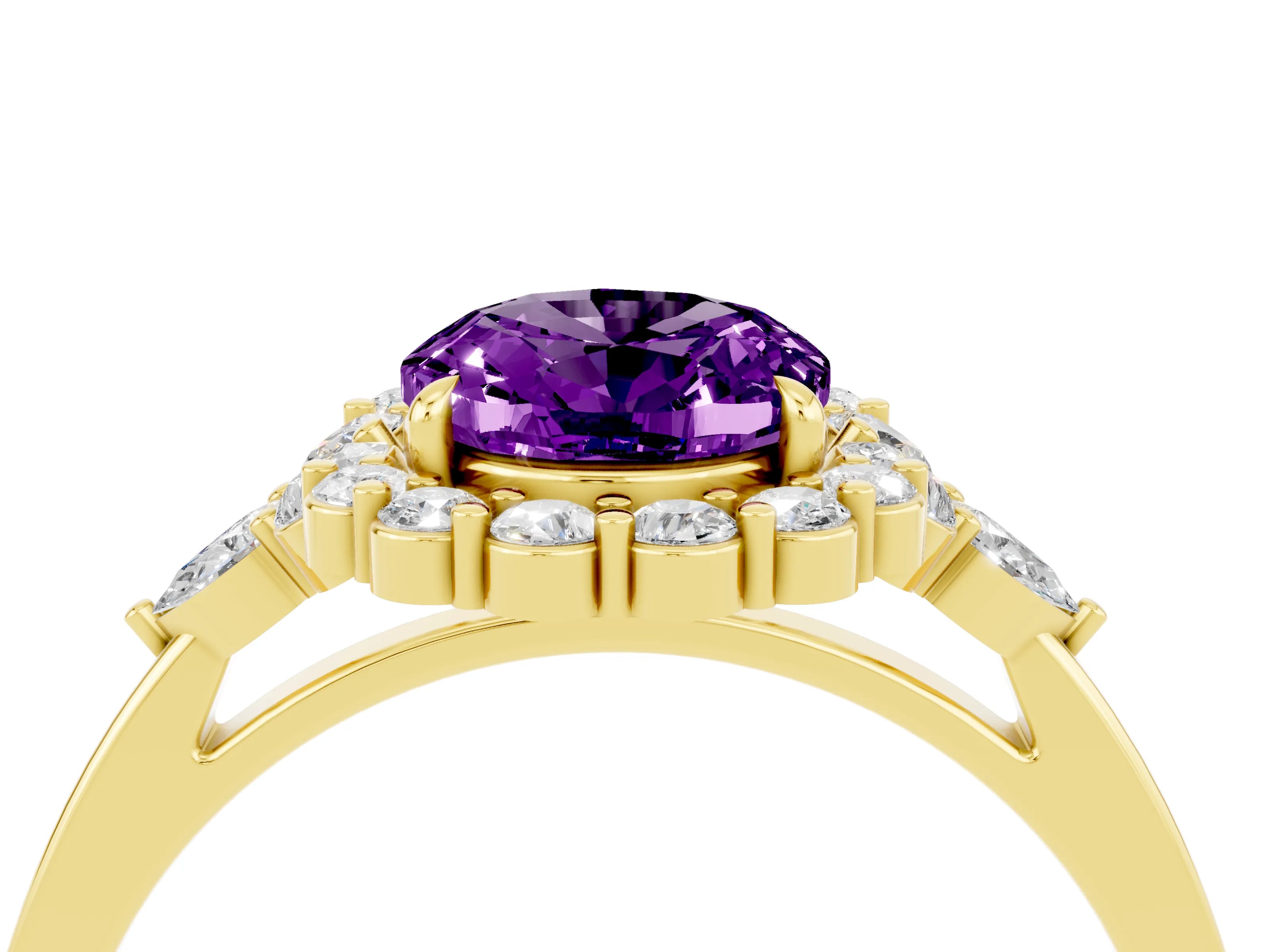Yellow gold Oval Cut Amethyst Halo Ring with Pear Side Stones and Prong Setting_16