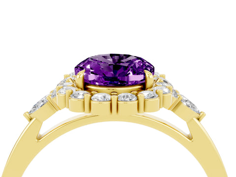 Yellow gold Oval Cut Amethyst Halo Ring with Pear Side Stones and Prong Setting_16