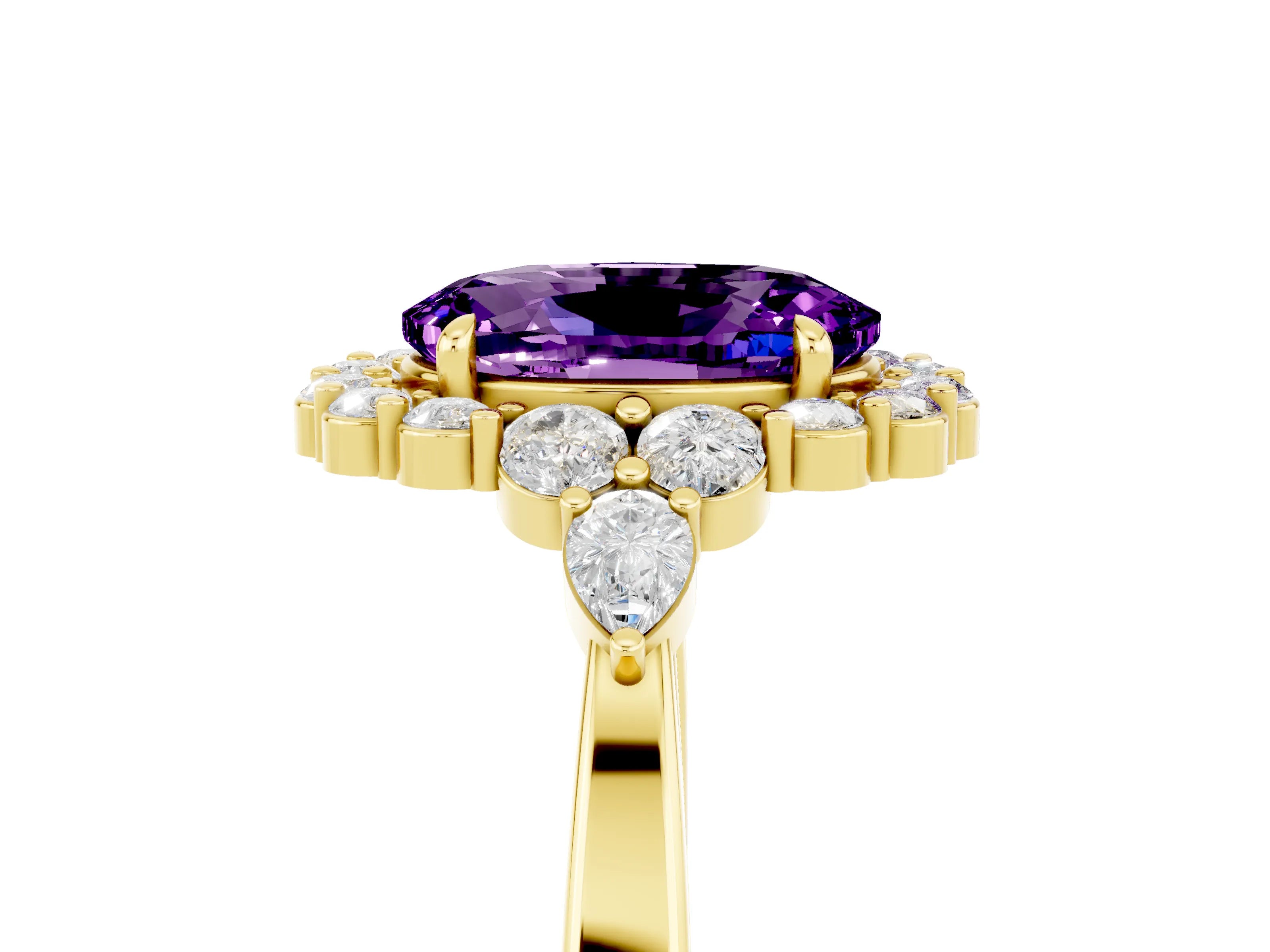 Yellow gold Oval Cut Amethyst Halo Ring with Pear Side Stones and Prong Setting_17