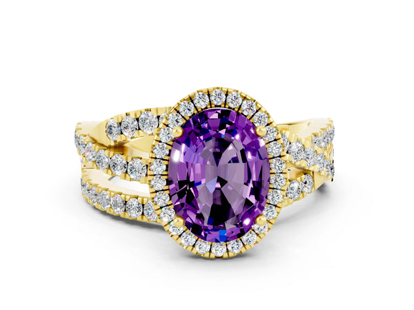 Yellow gold Oval Cut Amethyst Halo Ring with Round Split Shank and Prong Setting