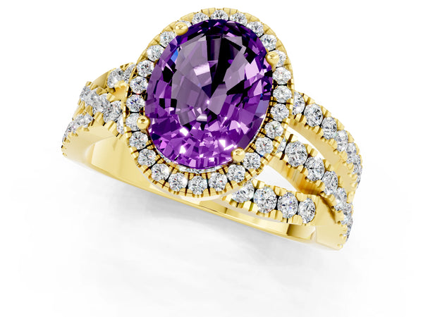 Yellow gold Oval Cut Amethyst Halo Ring with Round Split Shank and Prong Setting