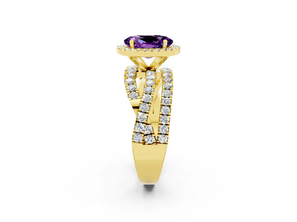 Yellow gold Oval Cut Amethyst Halo Ring with Round Split Shank and Prong Setting