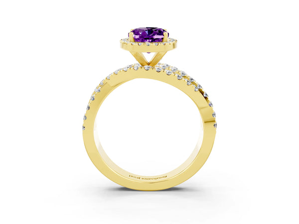 Yellow gold Oval Cut Amethyst Halo Ring with Round Split Shank and Prong Setting