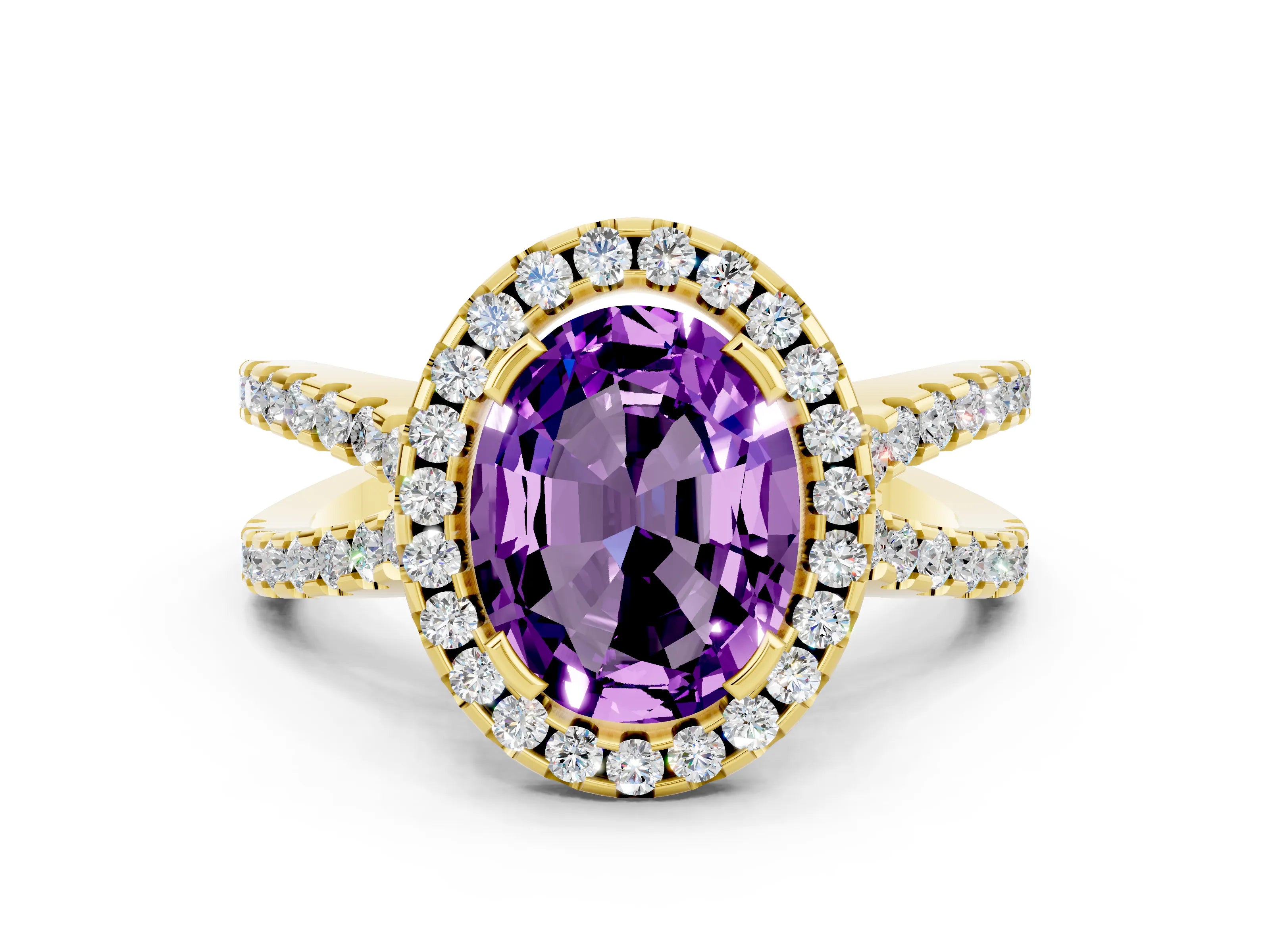 Yellow gold Oval Cut Amethyst Halo Ring with Split Shank Pavé Band and Prong Setting