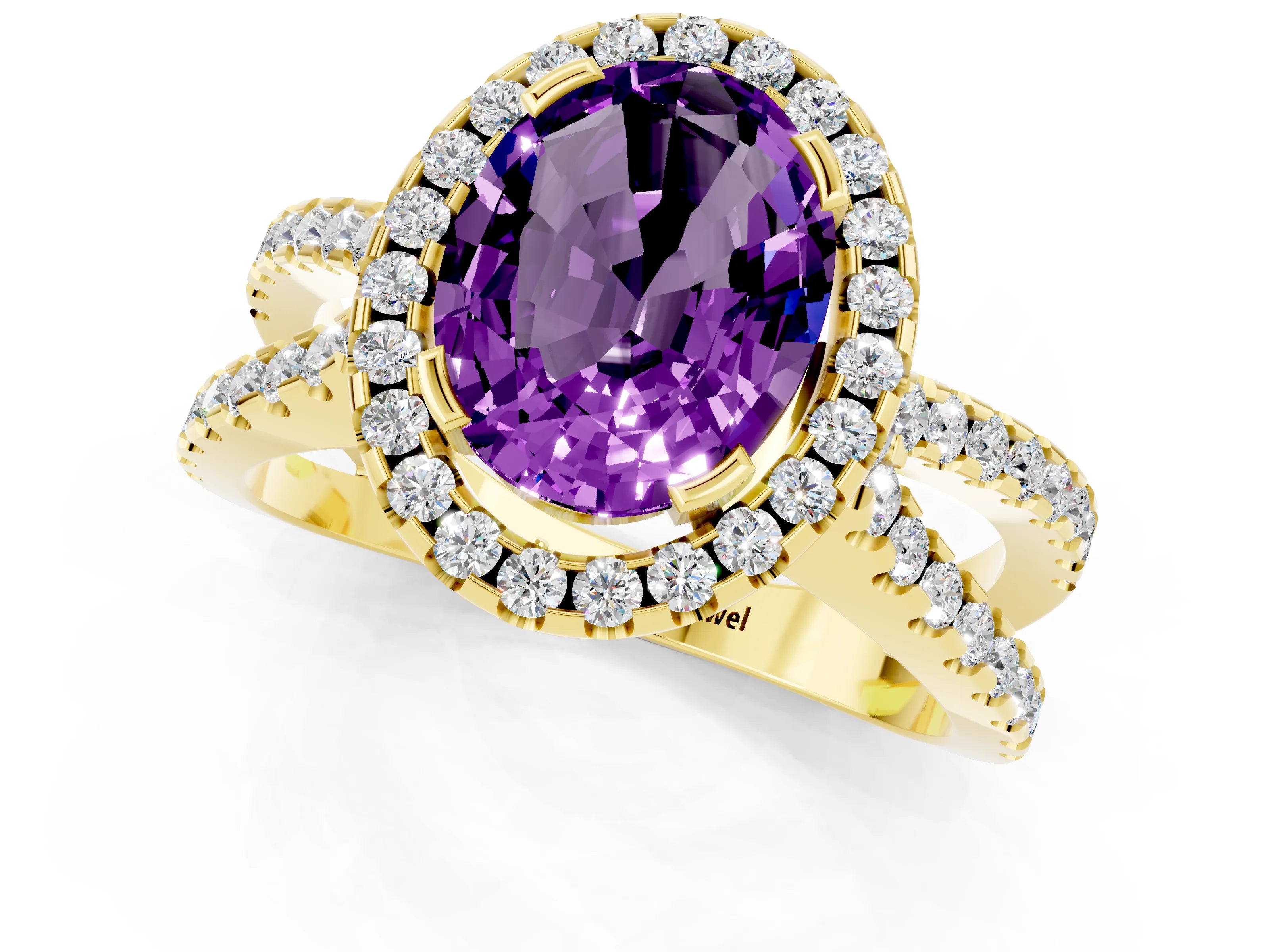 Yellow gold Oval Cut Amethyst Halo Ring with Split Shank Pavé Band and Prong Setting_1