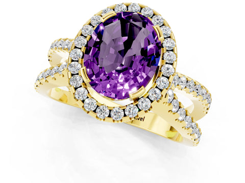 Yellow gold Oval Cut Amethyst Halo Ring with Split Shank Pavé Band and Prong Setting_1