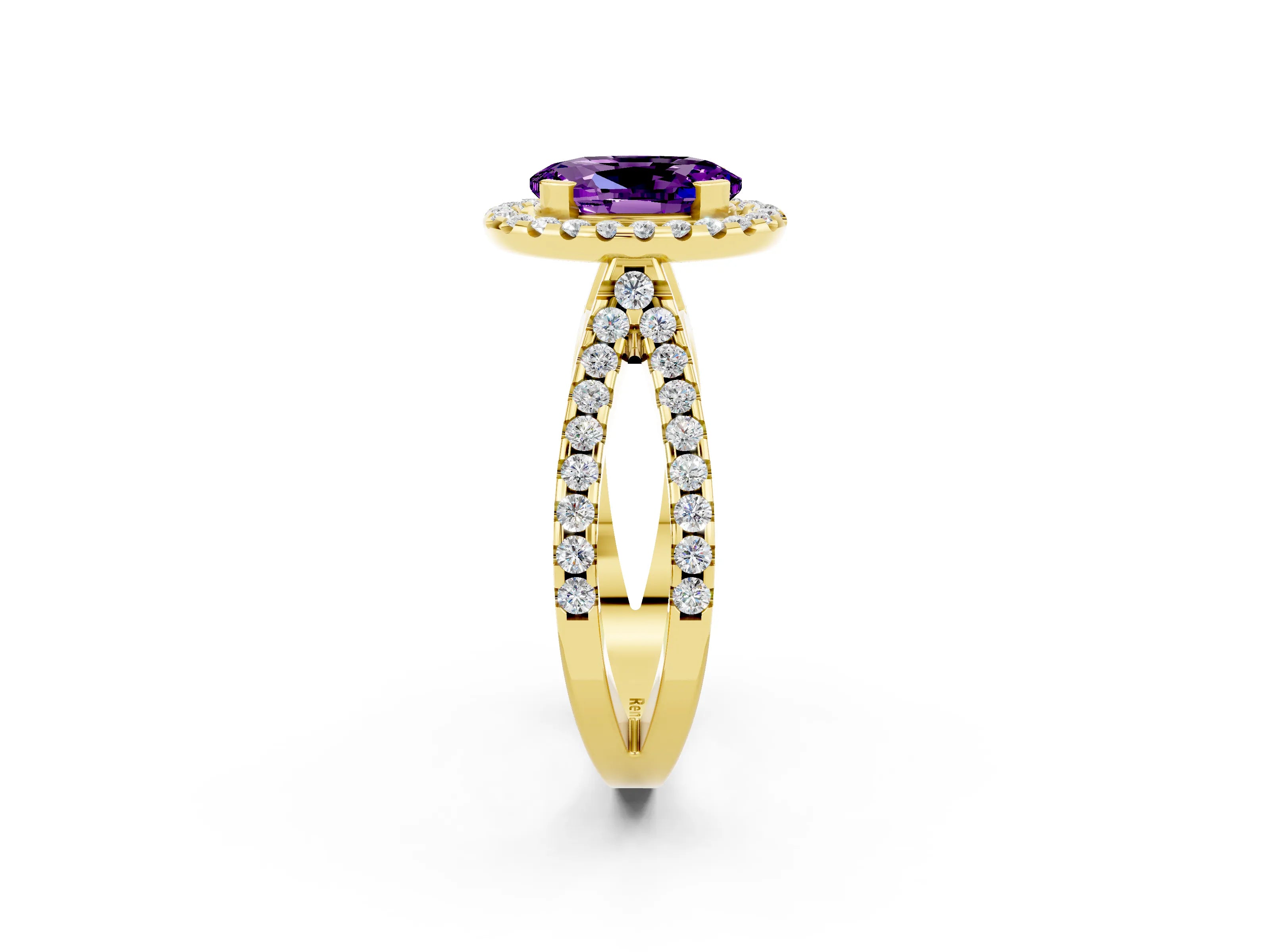 Yellow gold Oval Cut Amethyst Halo Ring with Split Shank Pavé Band and Prong Setting_2