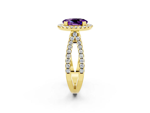 Yellow gold Oval Cut Amethyst Halo Ring with Split Shank Pavé Band and Prong Setting_2